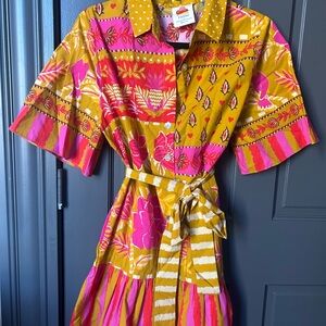 Farm Rio for Anthropologie Pink and Yellow Long Sleeve Dress
